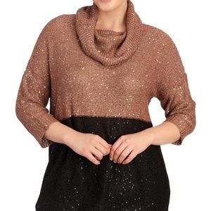Women's Plus Size Lurex Two-Tone Cowl Neck Sweater